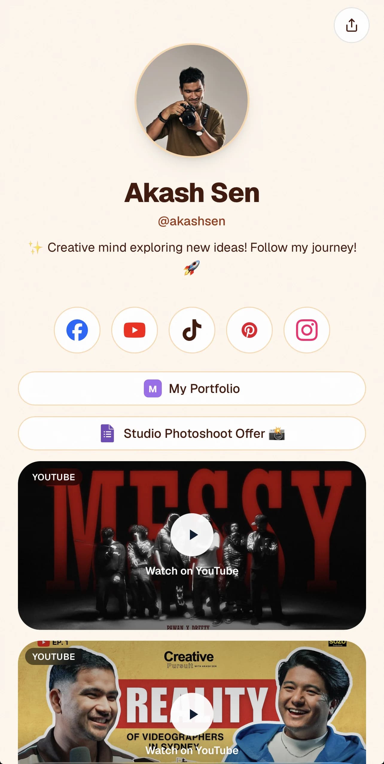 Akash Sen's live Creator Valley profile with social, portfolio and video links