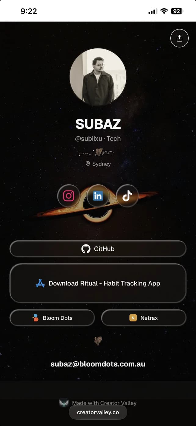 Subaz's live Creator Valley profile