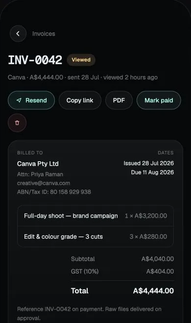 Creator Valley invoice detail showing a viewed client invoice